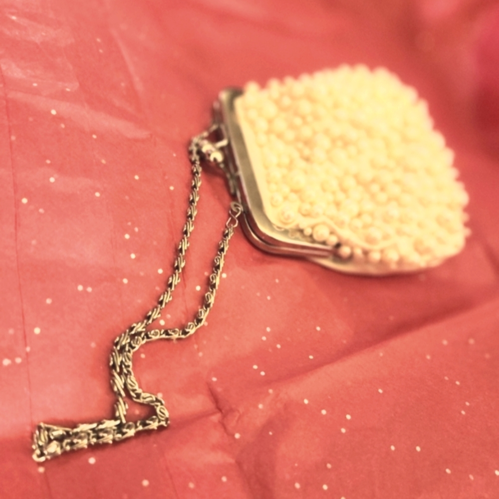 Vintage cream bridal, prom or wedding wristlet purse with pearl accents